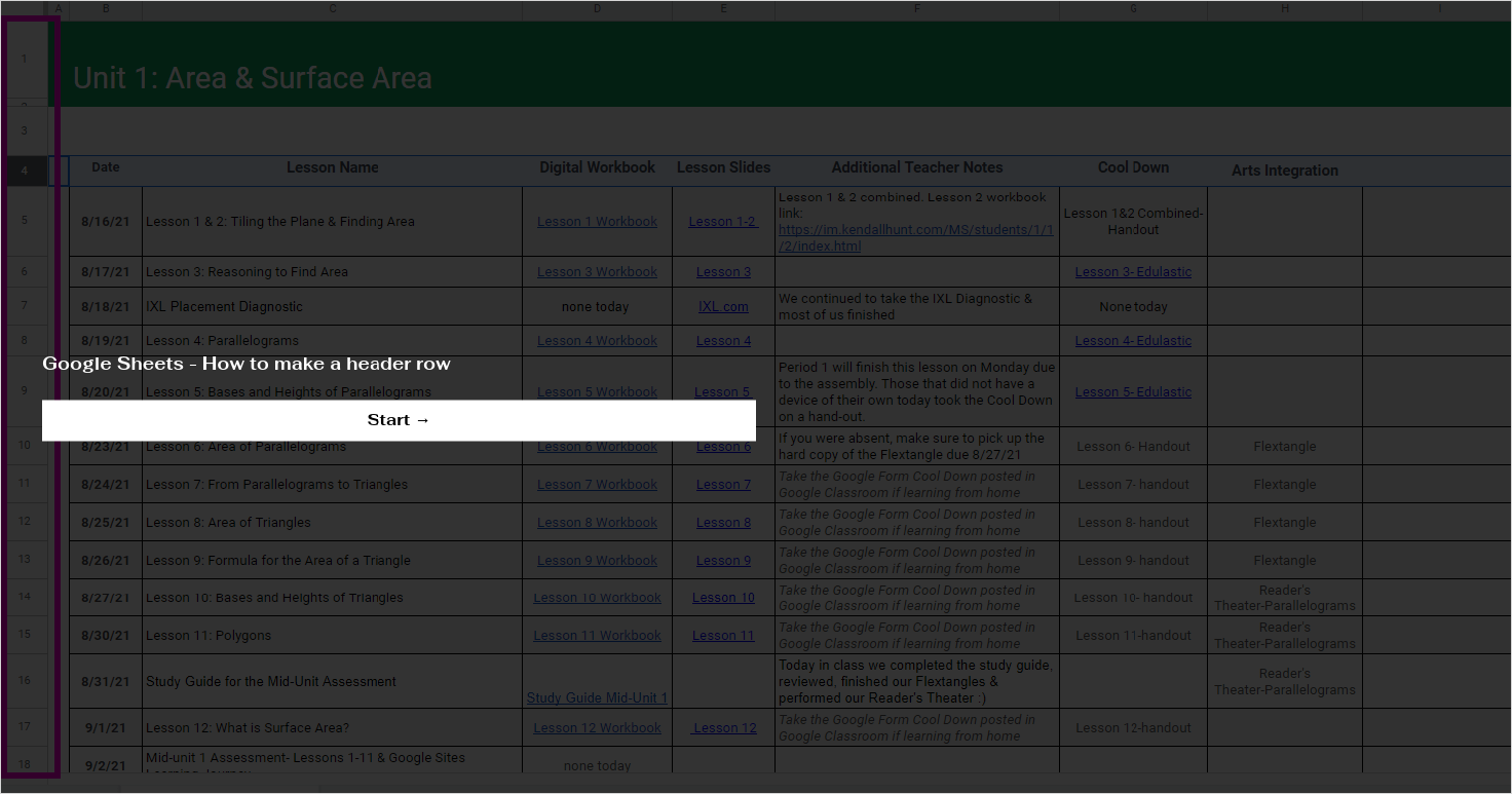 Google Sheets How to make a header row